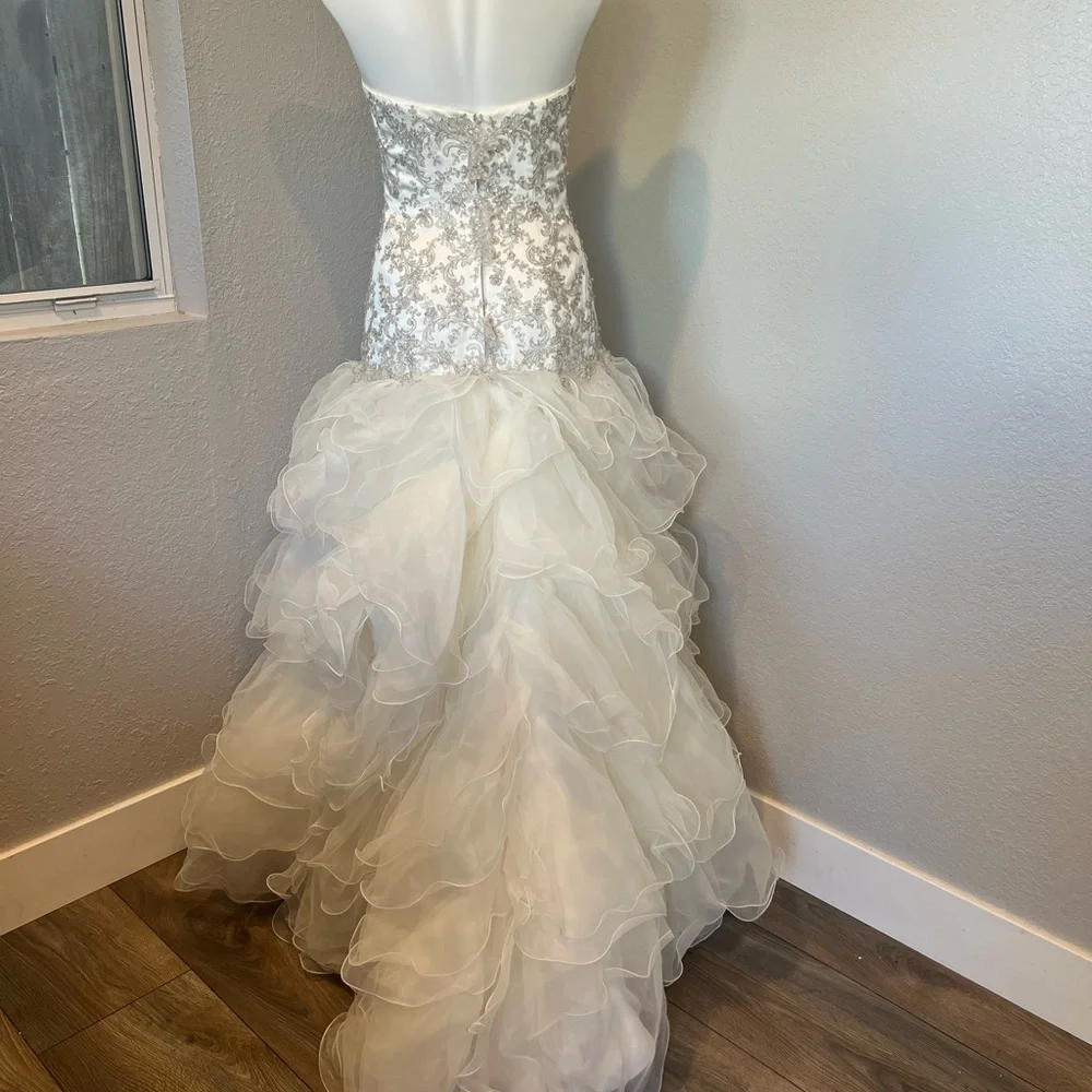 Oleg Cassini Organza Drop Waist Beaded Wedding Dress - Picture 11 of 12